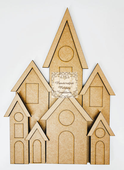 Laser Cut MDF Unfinished Country Village, Houses Set of 7 for Decoupage Mixed Media, DIY Home Decor Crafts