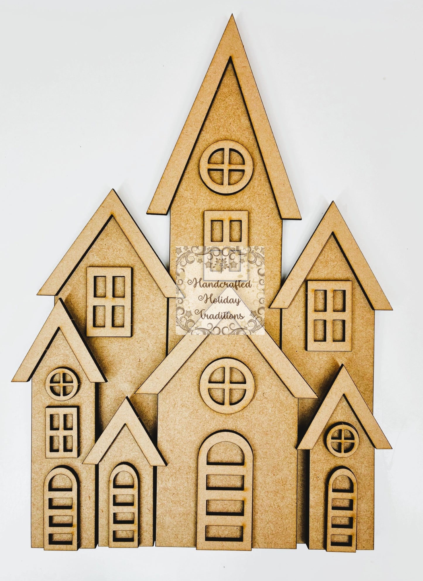 Laser Cut MDF Unfinished Country Village, Houses Set of 7 for Decoupage Mixed Media, DIY Home Decor Crafts