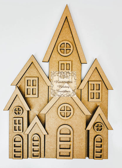Laser Cut MDF Unfinished Country Village, Houses Set of 7 for Decoupage Mixed Media, DIY Home Decor Crafts