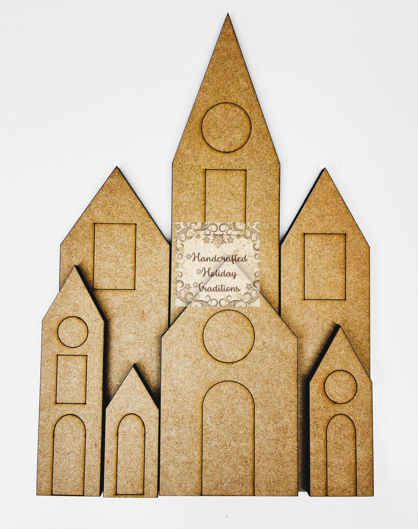 Laser Cut MDF Unfinished Country Village, Houses Set of 7 for Decoupage Mixed Media, DIY Home Decor Crafts
