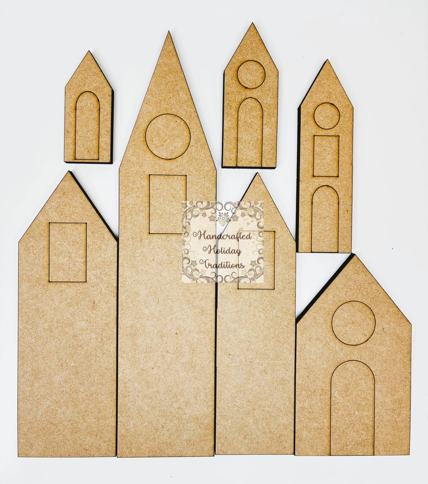 Laser Cut MDF Unfinished Country Village, Houses Set of 7 for Decoupage Mixed Media, DIY Home Decor Crafts