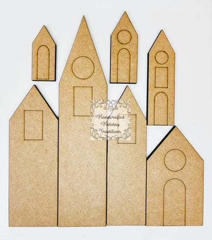 Laser Cut MDF Unfinished Country Village, Houses Set of 7 for Decoupage Mixed Media, DIY Home Decor Crafts
