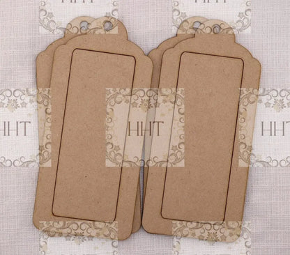 Laser Cut MDF, Framed Tags, Set of 2, Elongated, 3 pcs each, Canvas, Blank, Base, Decoupage, Crafts, Mixed Media, Gift Tags, 3 1/8" x 6 3/8" Handcrafted Holiday Traditions