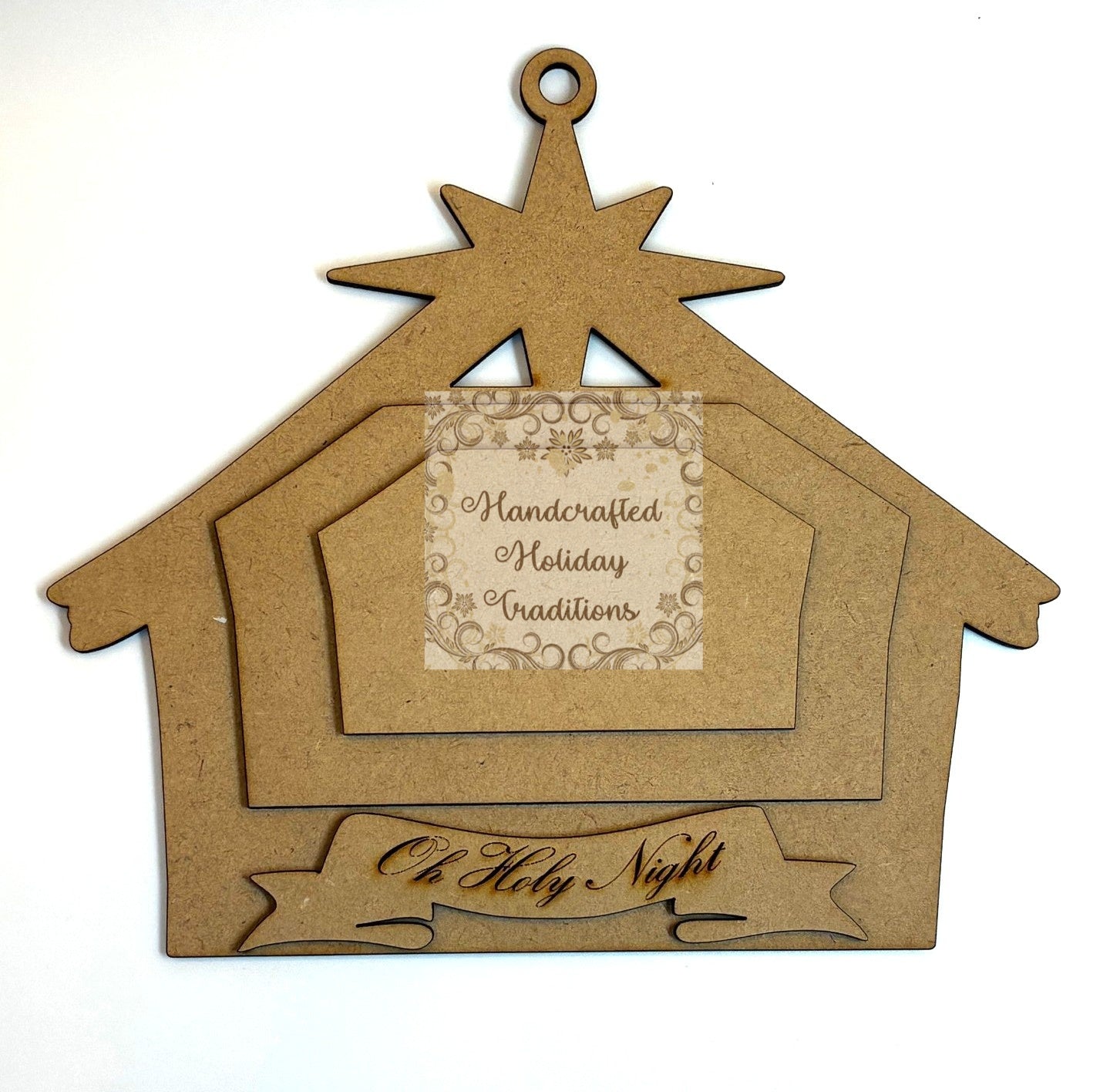 Laser Cut, MDF, Nativity Stable, Christmas Ornament, Blank, Base, 2 Overlays, Banner, 4 piece, Decoupage, Mixed Media, Crafts, 8" x 7 1/4"