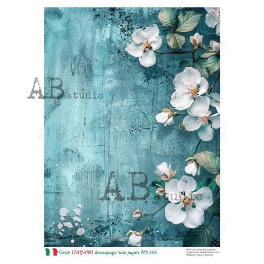 AB Studio, Rice Paper, Carte Italiano, Blue, White Flowers, Background, Wallpaper, NO-149, A4 8.27 x11.69, Mixed Media, Decoupage