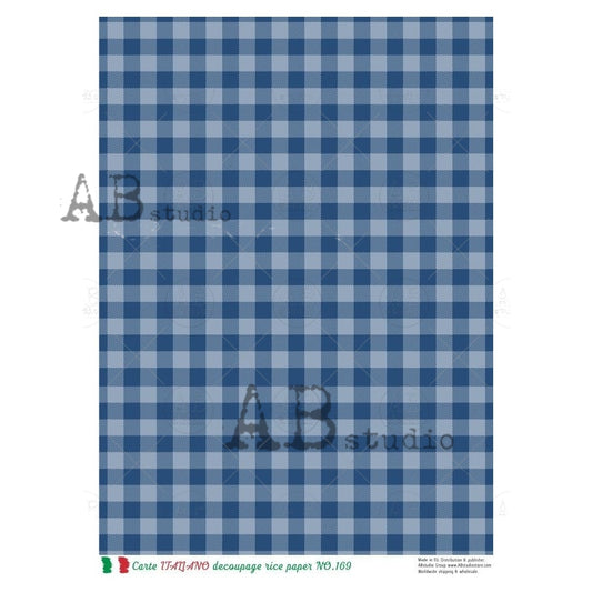 AB Studio, Rice Paper, Carte Italiano, Blue Plaid, Background, Wallpaper, NO-169, A4 8.27 x11.69, Mixed Media, Decoupage