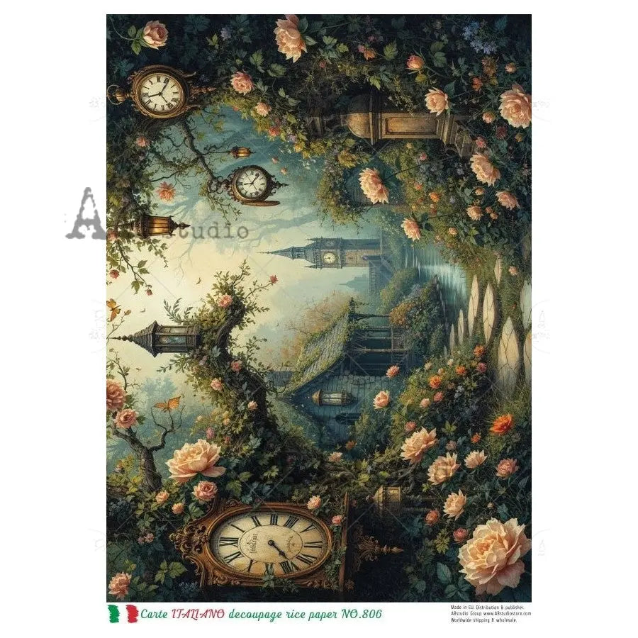 AB Studio, Carte Italiano, Rice Paper, Clocks, Pathway, Roses, Wonderland, Decoupage, Mixed Media, NO-806, A4 8.27 x 11.69 AB Studio