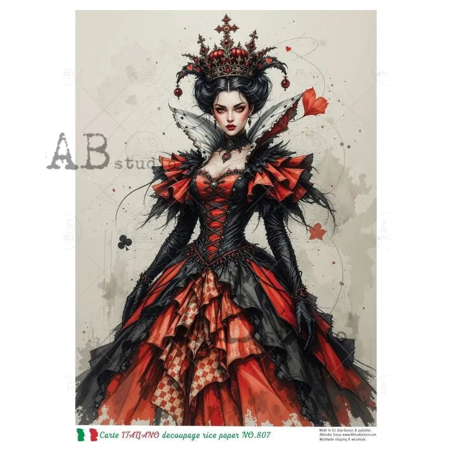 AB Studio, Carte Italiano, Rice Paper, Queen, Hearts, Wonderland, Decoupage, Mixed Media, NO-807, A4 8.27 x 11.69 AB Studio