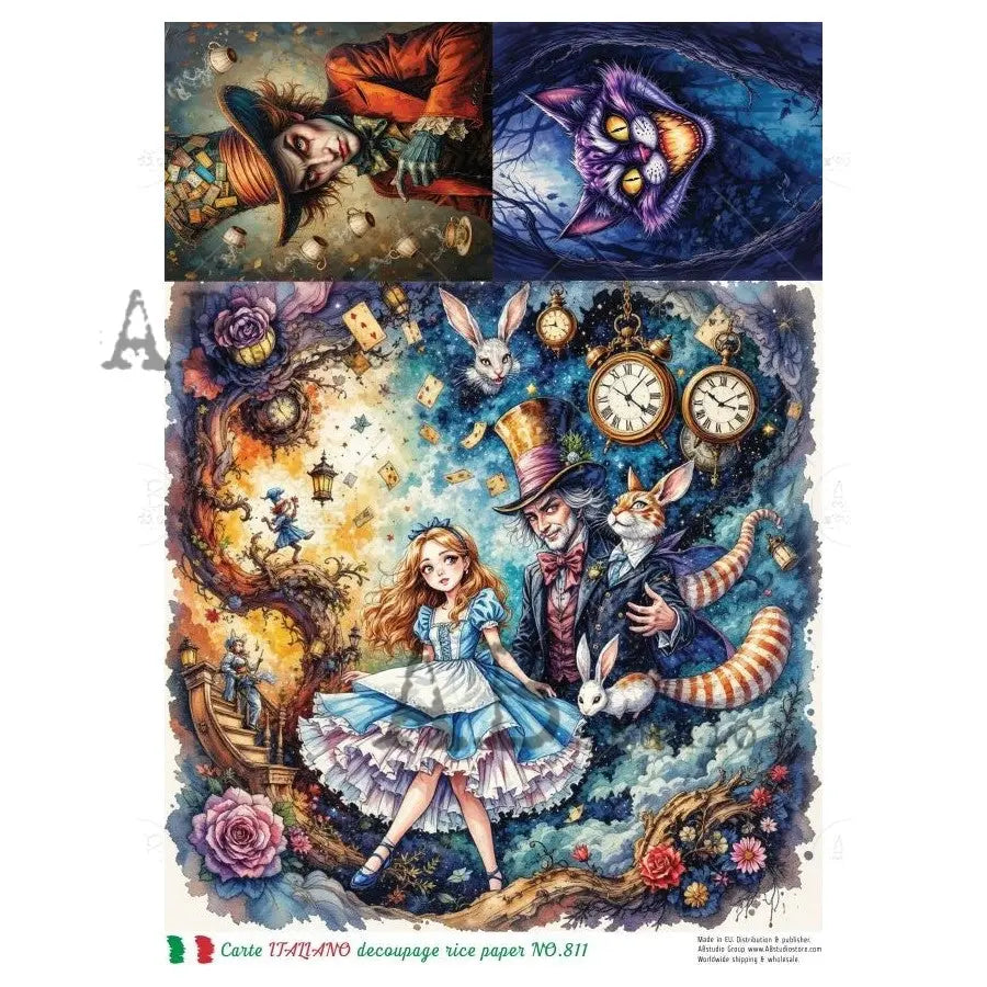AB Studio, Carte Italiano, Rice Paper, Clocks, Cheshire, Cat, Hatter, Wonderland, Decoupage, Mixed Media, NO-811, A4 8.27 x 11.7 AB Studio