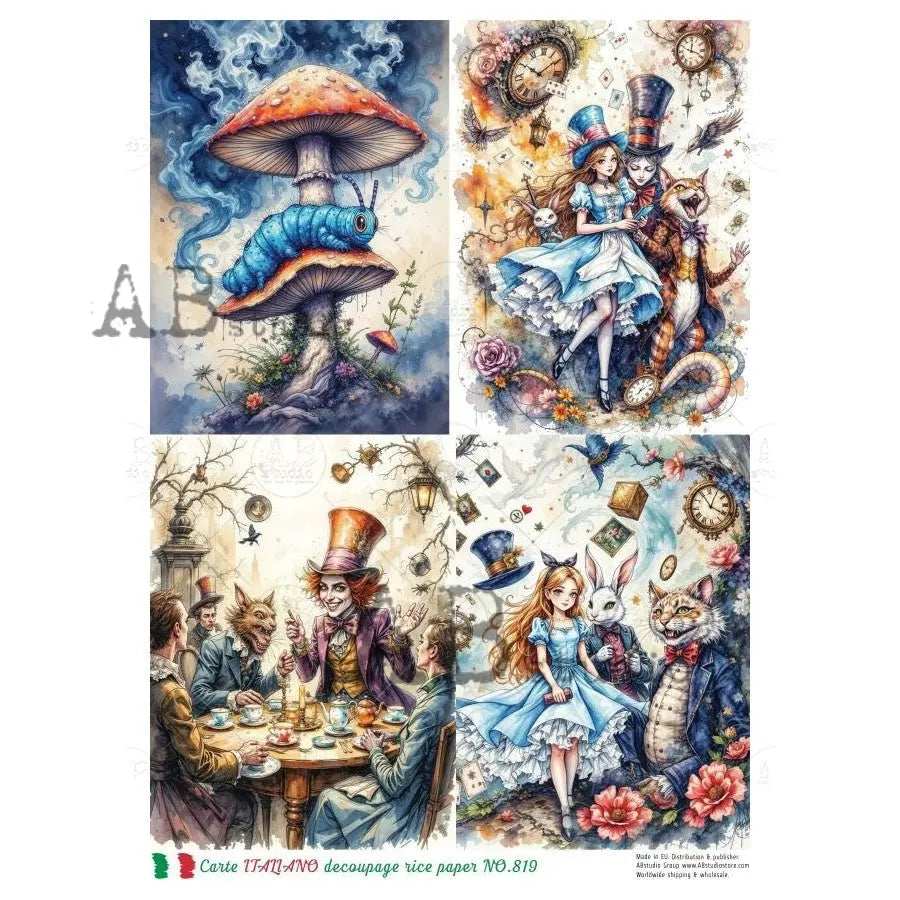 AB Studio, Carte Italiano, Rice Paper, Mad Hatter, Rabbit, Wonderland, Squares, Decoupage, Mixed Media, NO-819, A4 8.27 x 11.69 AB Studio