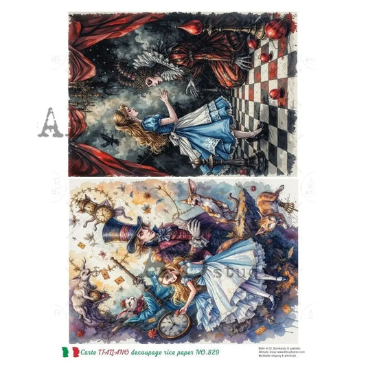 AB Studio, Carte Italiano, Rice Paper, Clocks, Cheshire Cat, Mad Hatter, Wonderland, Decoupage, Mixed Media, NO-829, A4 8.27 x 11.7 AB Studio