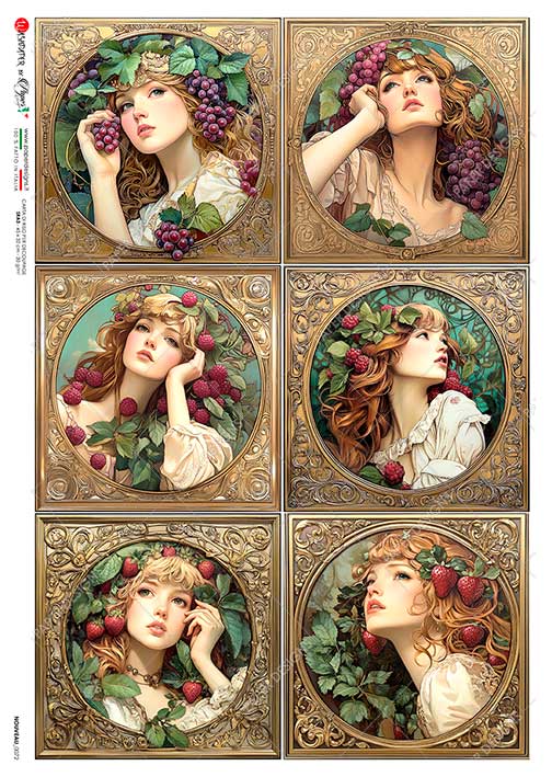 Paper Designs, Rice Paper, Art Nouveau, Squares, Women, Beauties, 0072, A4 8.3" X 11.7", Decoupage, Mixed Media