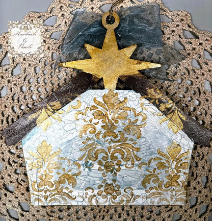 Handcrafted, Laser Cut MDF, Nativity Scene, Stable, Christmas Ornament, Decoupage, Mixed Media Handmade by Pamela