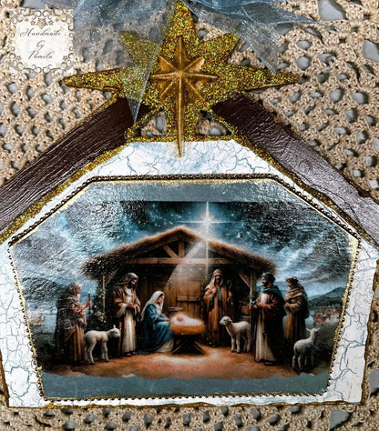 Handcrafted, Laser Cut MDF, Nativity Scene, Stable, Christmas Ornament, Decoupage, Mixed Media Handmade by Pamela