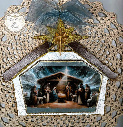 Handcrafted, Laser Cut MDF, Nativity Scene, Stable, Christmas Ornament, Decoupage, Mixed Media Handmade by Pamela