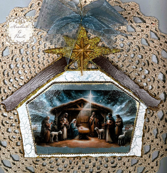 Handcrafted, Laser Cut MDF, Nativity Scene, Stable, Christmas Ornament, Decoupage, Mixed Media