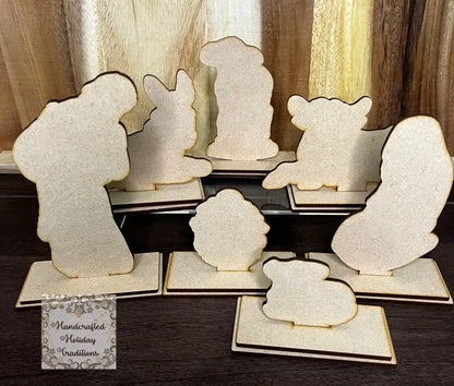 Laser Cut, MDF, Nativity Scene Shelf Sitters Kit, Mary, Joseph, Baby Jesus, Animals, Decoupage Queen Holy Family Mold Blank Bases, Christmas Handcrafted Holiday Traditions