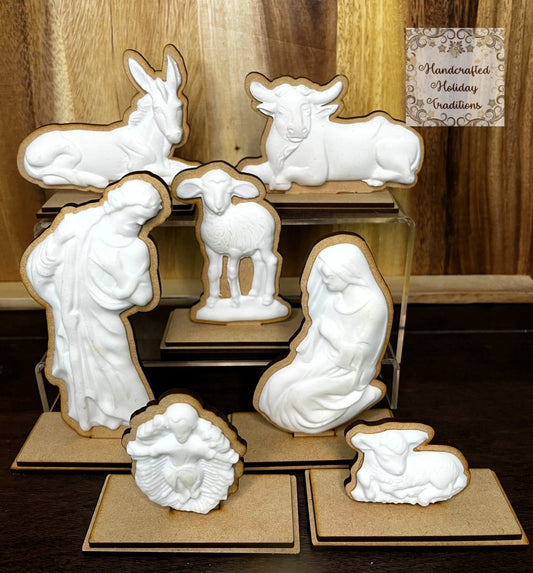 Laser Cut, MDF, Nativity Scene Shelf Sitters Kit, Mary, Joseph, Baby Jesus, Animals, Decoupage Queen Holy Family Mold Blank Bases, Christmas