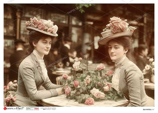 Paper Designs Italian Rice Paper, Victorian Women in Cafe with Pink Roses, Old Photo, Decoupage, Mixed  Media, A4