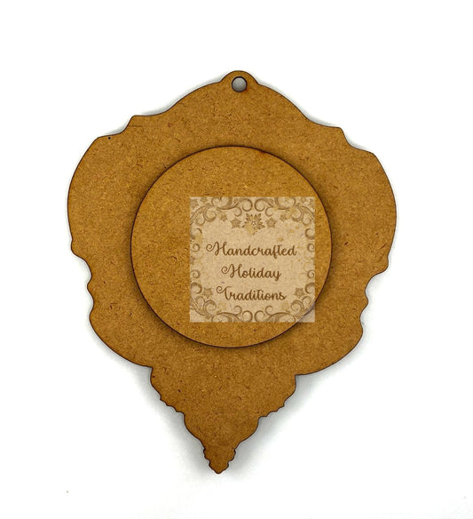 Laser Cut MDF Vintage Style Christmas Pendant Ornament Base Blank with center overlay circle, 2 piece, Decoupage, Mixed Media 5 3/4" x 7"