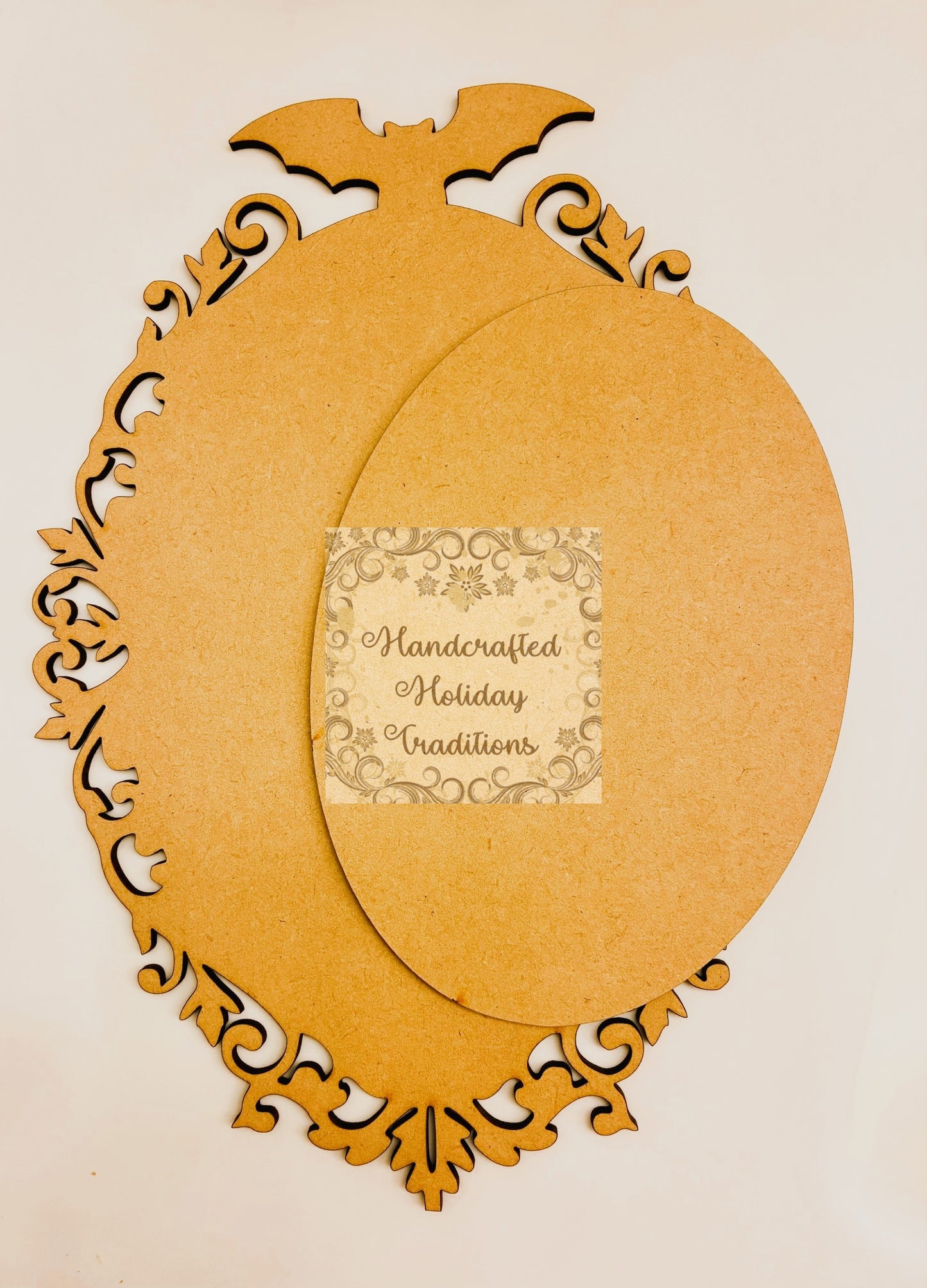 Laser Cut, MDF, Blank, Base, Plaque, Ornament, Center Overlay Oval, 2 pc, Decoupage, Mixed Media, Vintage Style, Halloween, Bat, Wall Art