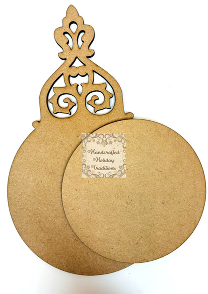 Laser Cut MDF Unfinished Christmas Ornament Base Blank with Circle, Vintage Style, 2 piece for Decoupage Mixed Media 5 1\8"w x 8 1\4"h