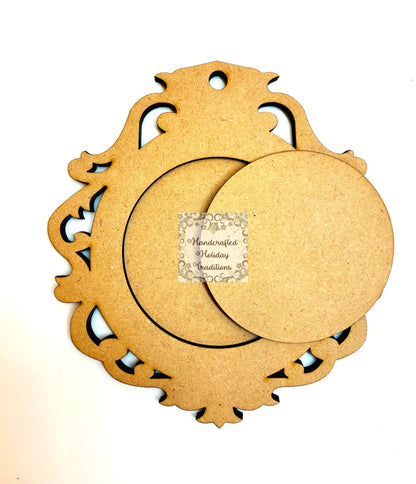 Laser Cut MDF Framed Christmas Ornament Base Set | Blank 6" x 5.5", 3 piece, for Decoupage, Crafts, Mixed Media, Holiday Decor Vintage Style