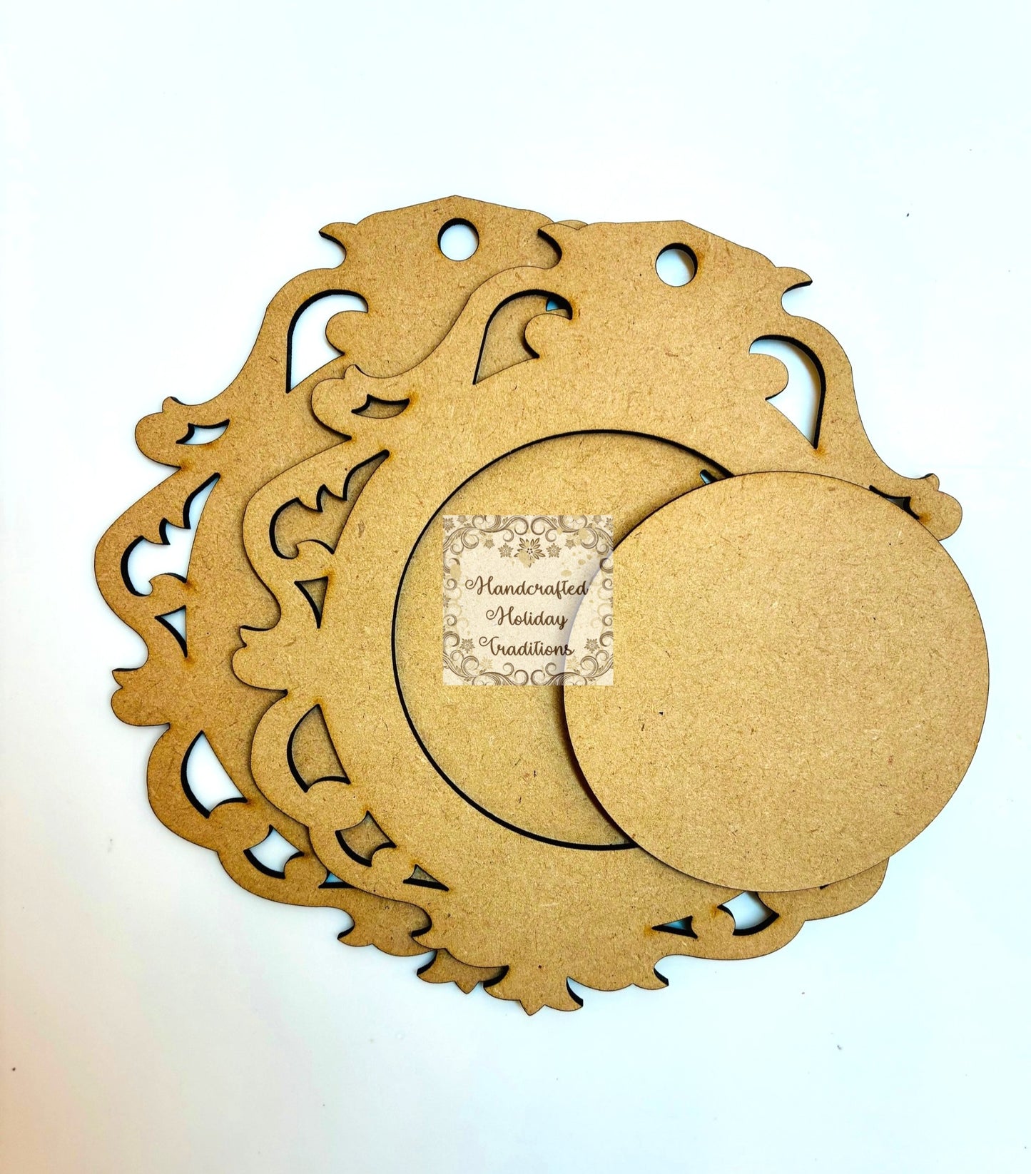 Laser Cut MDF Framed Christmas Ornament Base Set | Blank 6" x 5.5", 3 piece, for Decoupage, Crafts, Mixed Media, Holiday Decor Vintage Style