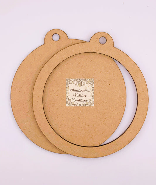 Laser Cut MDF Christmas Ornament, Round Base Blank overlay Frame, 2-piece, Decoupage, Mixed Media, Crafts,  5" diameter
