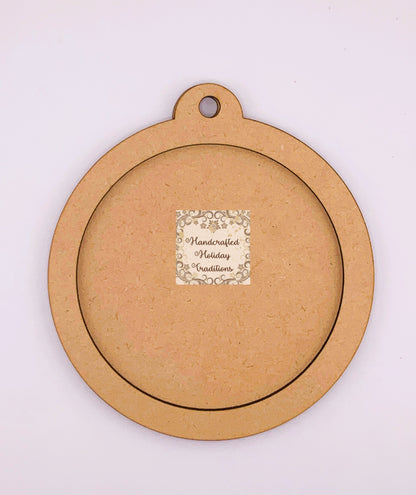 Laser Cut MDF Christmas Ornament, Round Base Blank overlay Frame, 2-piece, Decoupage, Mixed Media, Crafts,  5" diameter