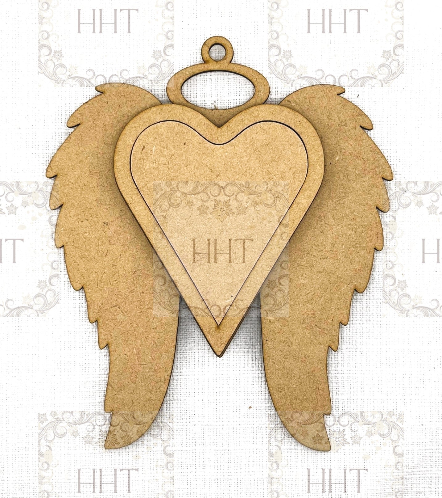 Laser Cut, MDF, Angel Wings, Framed Heart, Christmas, Valentine, Memory Ornament, Blank, Base, 4 pc, Decoupage, Mixed Media 6.5 x 7.25 in)