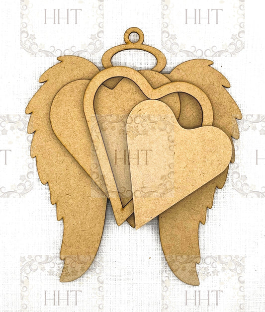 Laser Cut, MDF, Angel Wings, Framed Heart, Christmas, Valentine, Memory Ornament, Blank, Base, 4 pc, Decoupage, Mixed Media 6.5 x 7.25 in)