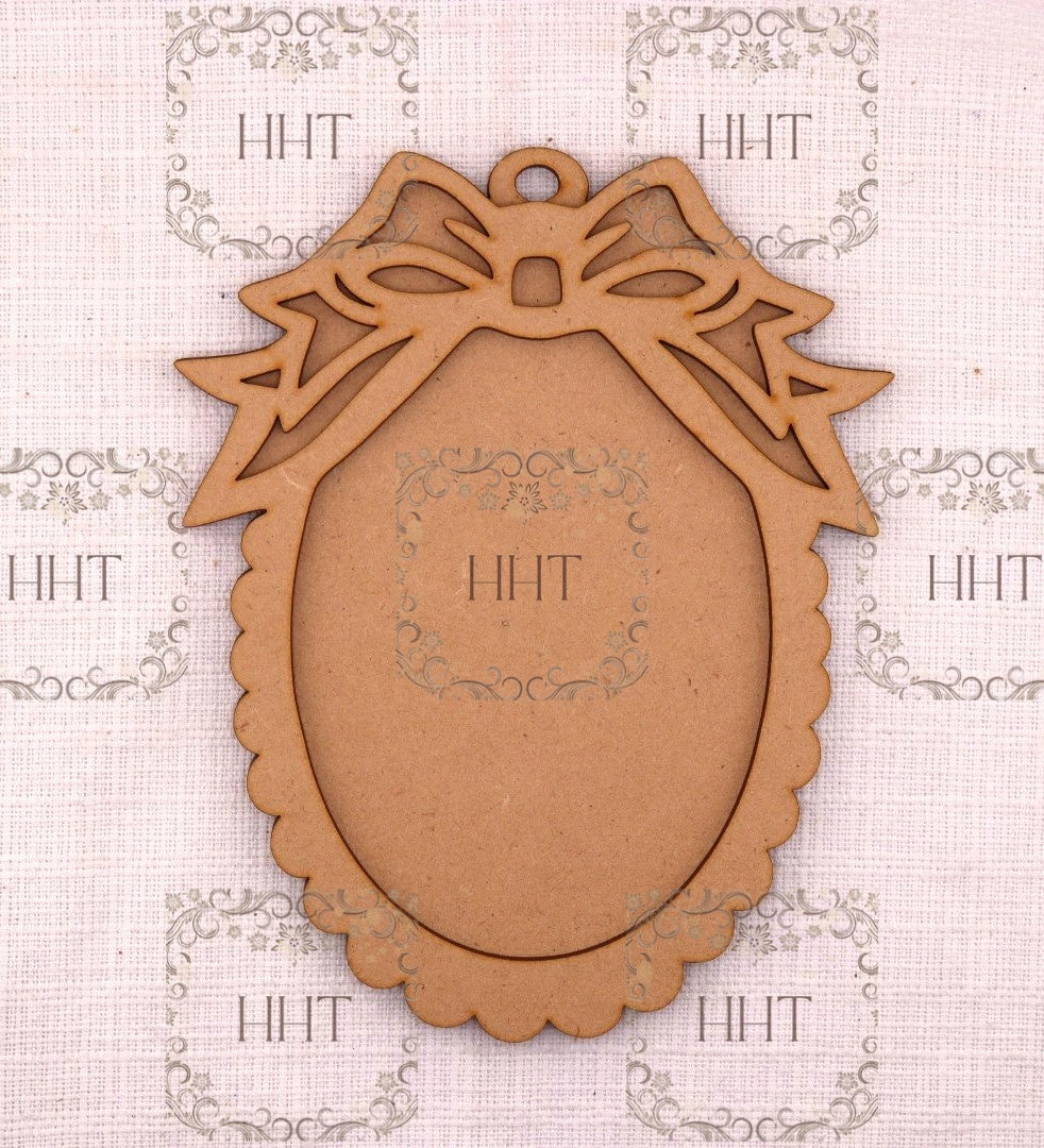 Laser Cut MDF, Christmas Ornament, Bow Ornament with Scalloped Frame, Blank, Base, Decoupage, Mixed Media, Crafts, 5” x 6.5”