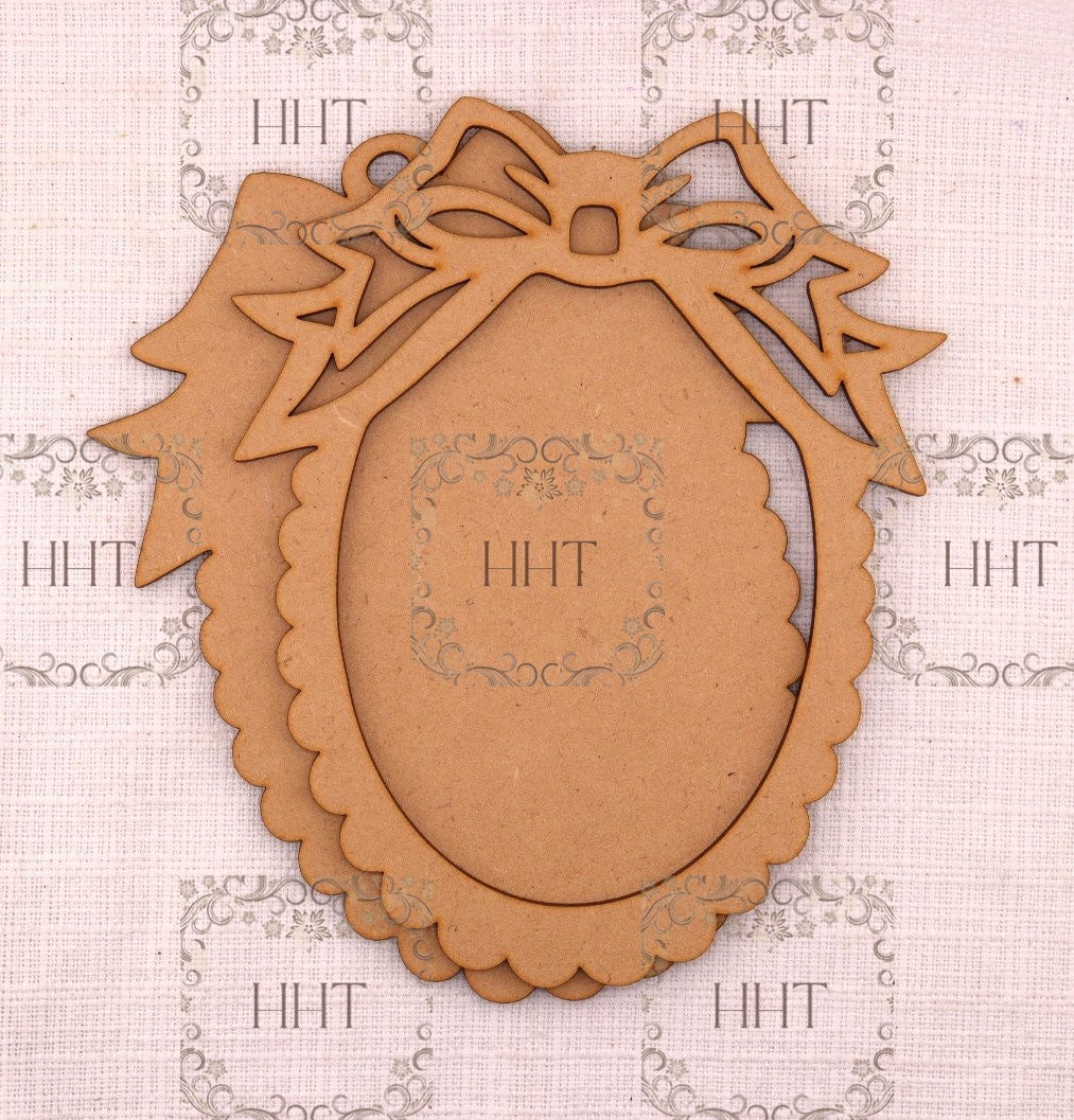 Laser Cut MDF, Christmas Ornament, Bow Ornament with Scalloped Frame, Blank, Base, Decoupage, Mixed Media, Crafts, 5” x 6.5”