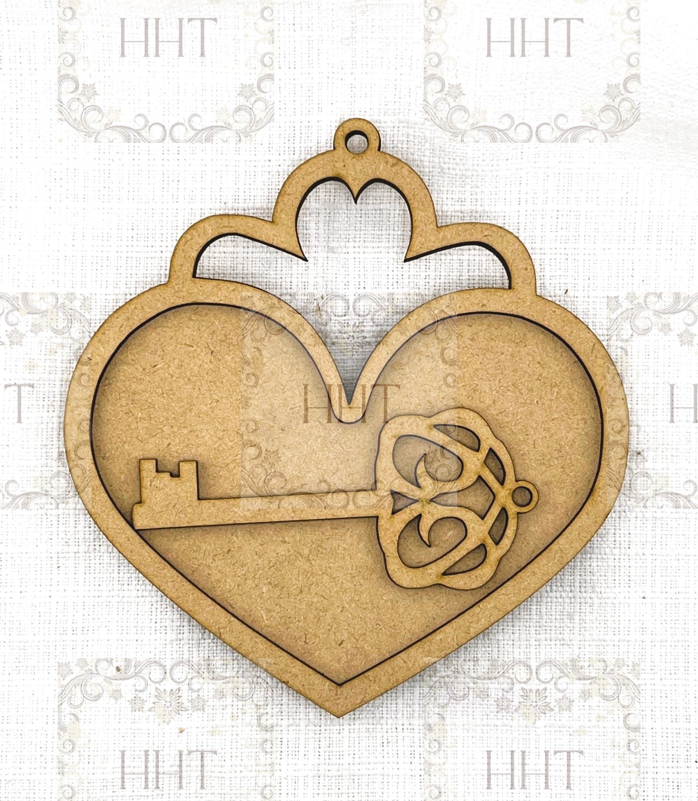 Laser Cut, MDF, Vintage Style, Valentine, Framed Heart, Key, Ornament, Base Blank, 3 pc, Decoupage, Crafts, Mixed Media, 6" x 6.5"