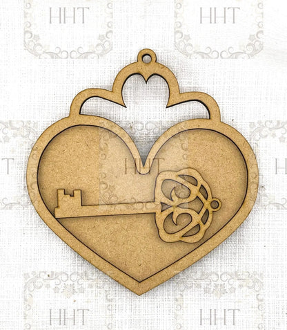Laser Cut, MDF, Vintage Style, Valentine, Framed Heart, Key, Ornament, Base Blank, 3 pc, Decoupage, Crafts, Mixed Media, 6" x 6.5" Handcrafted Holiday Traditions
