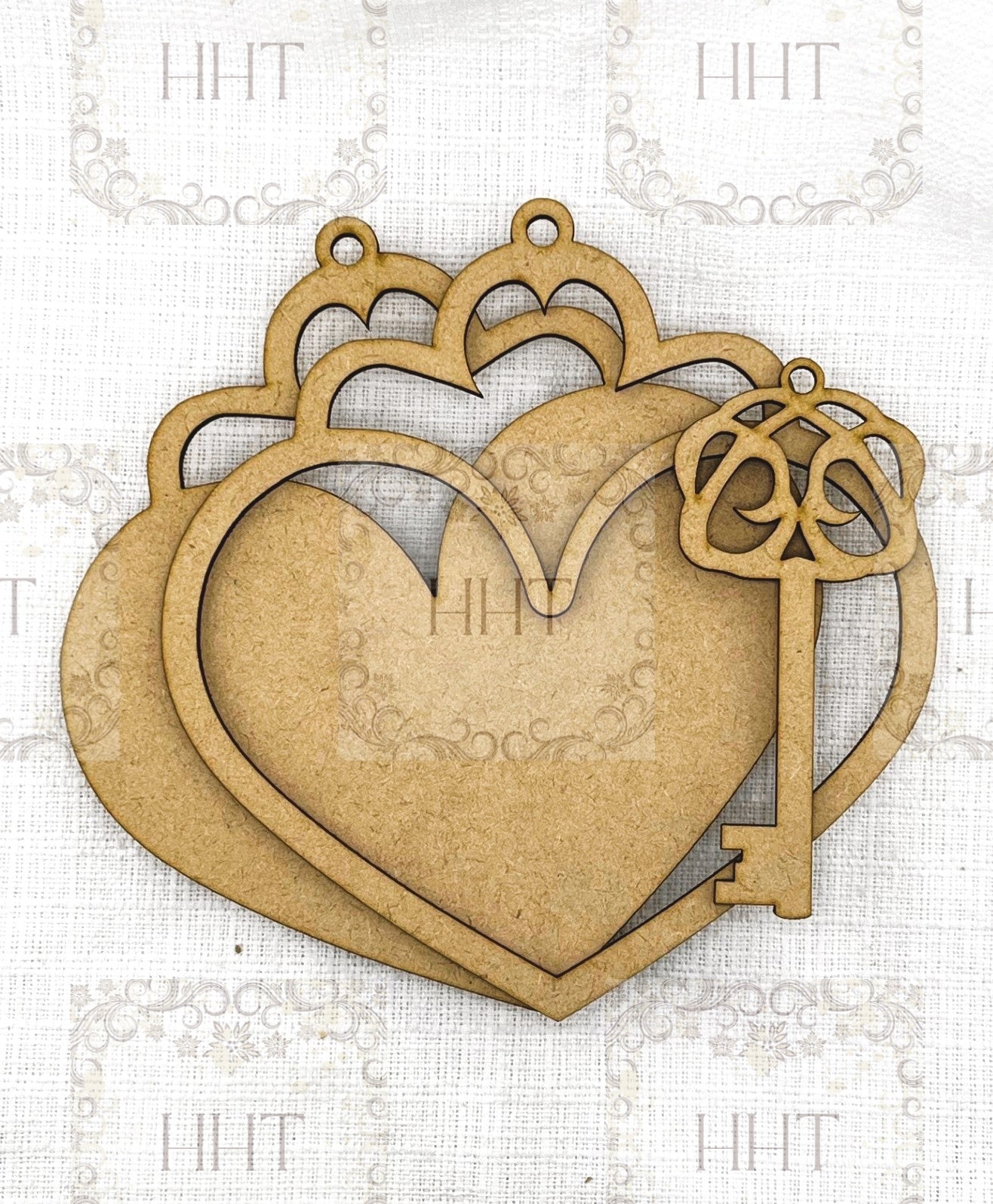 Laser Cut, MDF, Vintage Style, Valentine, Framed Heart, Key, Ornament, Base Blank, 3 pc, Decoupage, Crafts, Mixed Media, 6" x 6.5"