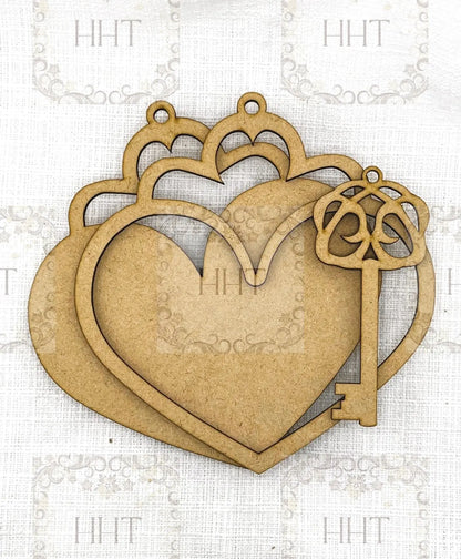 Laser Cut, MDF, Vintage Style, Valentine, Framed Heart, Key, Ornament, Base Blank, 3 pc, Decoupage, Crafts, Mixed Media, 6" x 6.5" Handcrafted Holiday Traditions