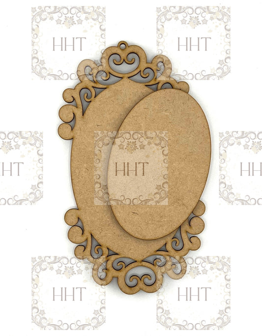 Laser Cut, MDF, Vintage Style, Pendant, Ornament, Blank, Base, Oval Overlay Center, 2 piece, Decoupage, Mixed Media, Crafts, 4" x 7"
