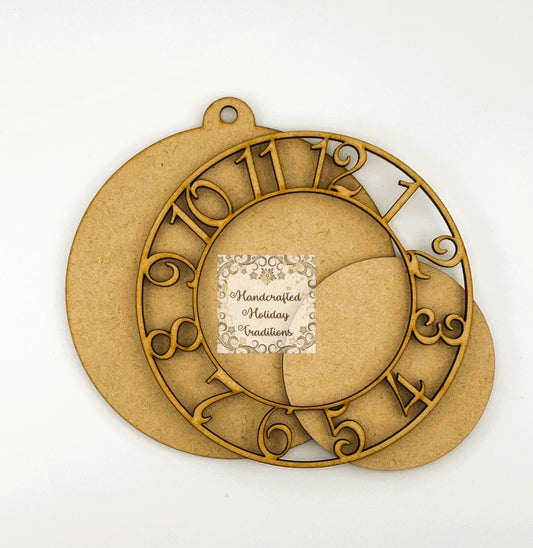 Laser Cut, MDF, Vintage Style, Clock, Blank, Base, Christmas Ornament, 3 pc, Decoupage, Mixed Media, Crafts, 5" w x 5 1/4"h