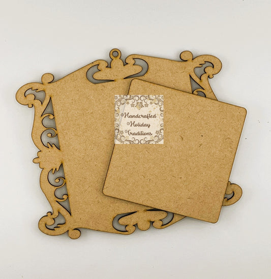 Laser Cut, MDF, Square, Vintage Style Christmas, Pendant, Ornament, Base, Blank, 2 pc, Decoupage, Mixed Media