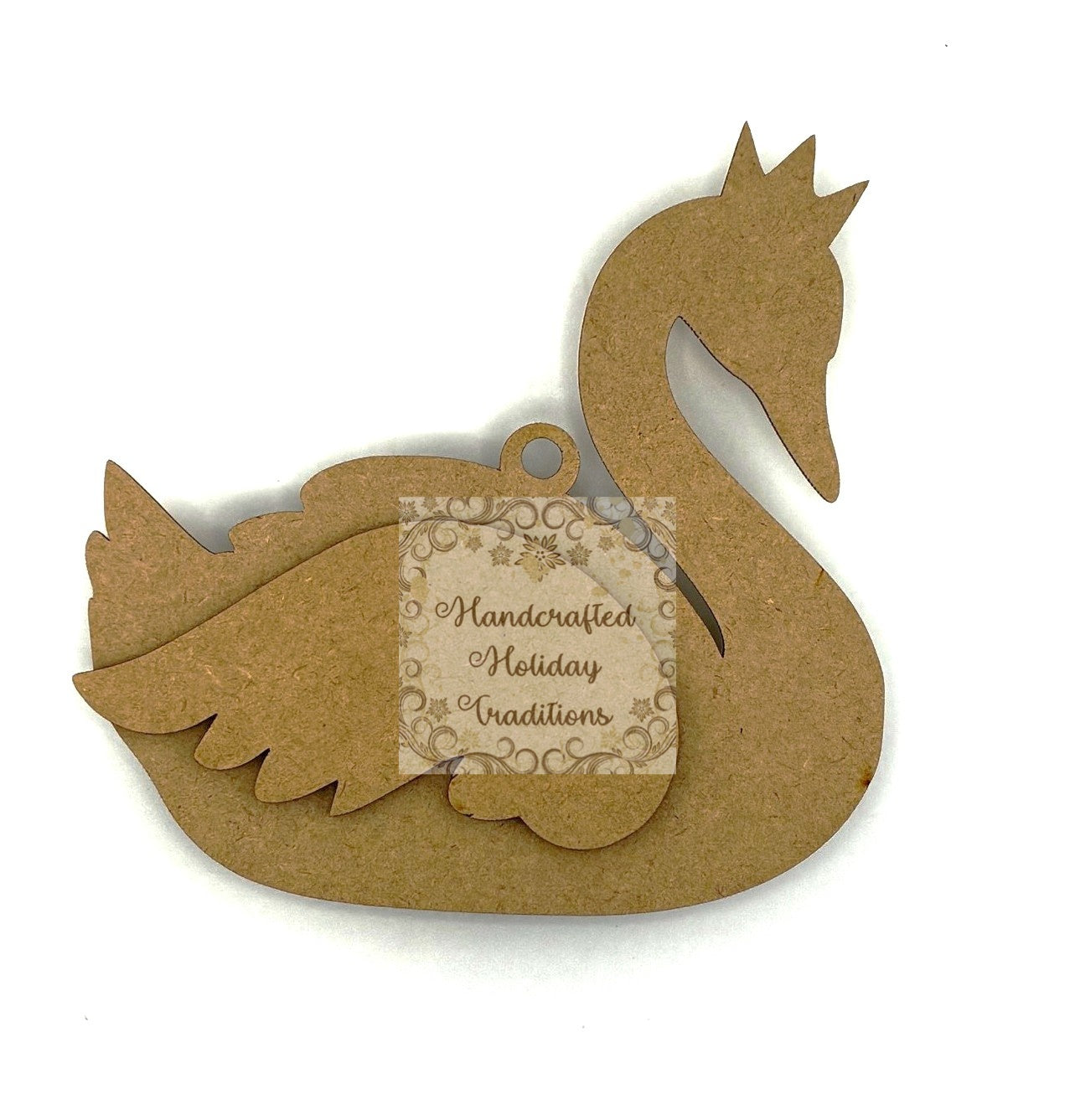 Laser Cut, MDF, Swan with Crown, Ornament, Blank, Base, 2 Overlay wings, Reversable, 3 piece, Decoupage, Mixed Media, 6" x 6"