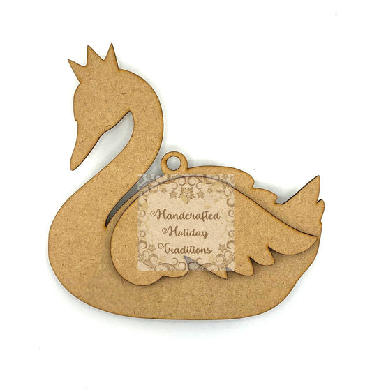 Laser Cut, MDF, Swan with Crown, Ornament, Blank, Base, 2 Overlay wings, Reversable, 3 piece, Decoupage, Mixed Media, 6" x 6"