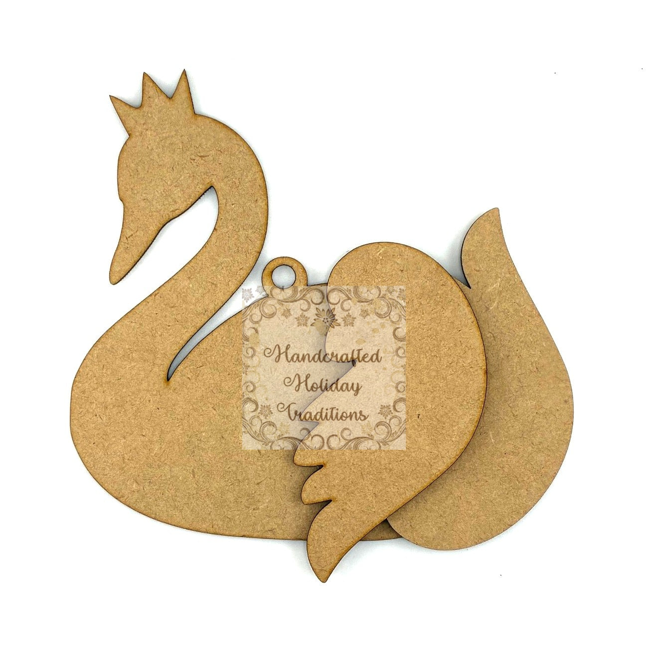Laser Cut, MDF, Swan with Crown, Ornament, Blank, Base, 2 Overlay wings, Reversable, 3 piece, Decoupage, Mixed Media, 6" x 6"
