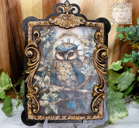 Handcrafted, Decoupage, Mixed Media, MDF Plaque, Wall Art, Vintage Style Owl, Flourishes on MDF Base, Handmade by Pamela