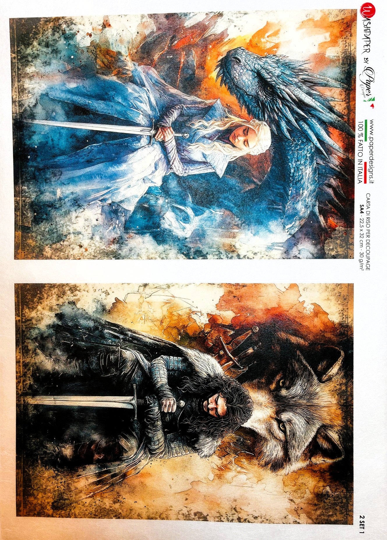 Paper Designs, Rice Paper, Warriors, Knights, Mythical, Fantasy, Dragon, Wolfe, Squares, A4 8.3" X 11.7, Decoupage, Mixed Media, Crafts