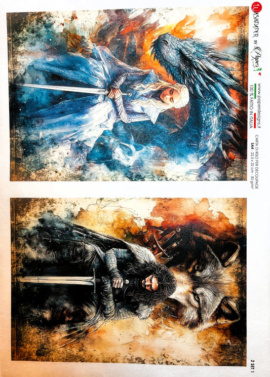 Paper Designs, Rice Paper, Warriors, Knights, Mythical, Fantasy, Dragon, Wolfe, Squares, A4 8.3" X 11.7, Decoupage, Mixed Media, Crafts