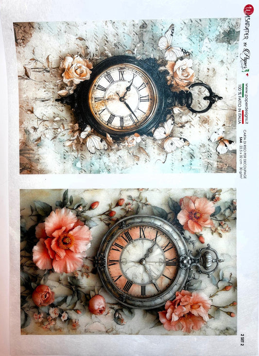 Paper Designs, Rice Paper, Vintage Time Pieces, Antique Clocks, Floral, A4 8.3" X 11.7 Decoupage, Mixed Media, Crafts