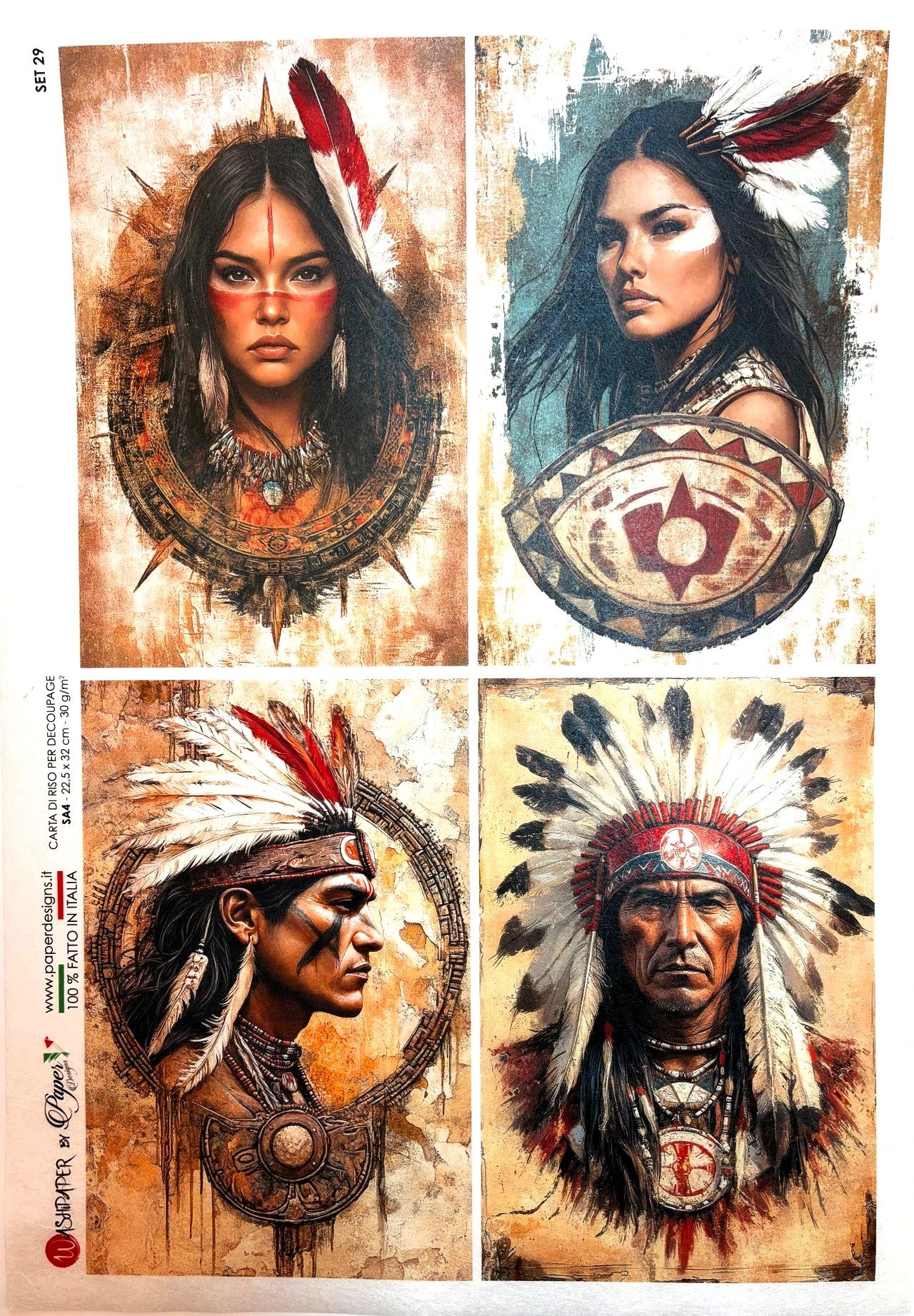 Paper Designs, Rice Paper, Indians, Warriors, Native American, Chief, Artwork, A4 8.3" X 11.7 Decoupage, Mixed Media, Crafts