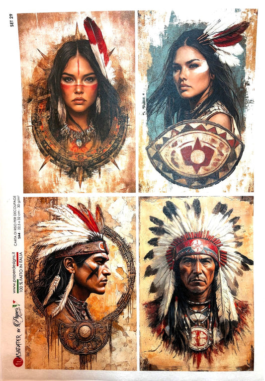 Paper Designs, Rice Paper, Indians, Warriors, Native American, Chief, Artwork, A4 8.3" X 11.7 Decoupage, Mixed Media, Crafts
